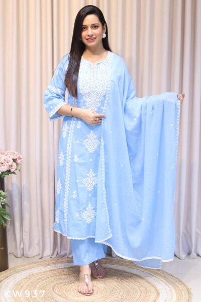 SCF0202-01 Pure Cotton Chikankari Kurti Pant Dupatta Set