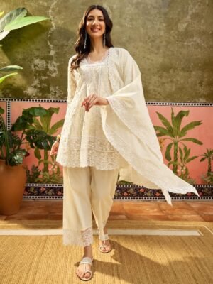SCF0204-01 Mul Chanderi Chikankari Kurta Pant Dupatta Set – Style 1