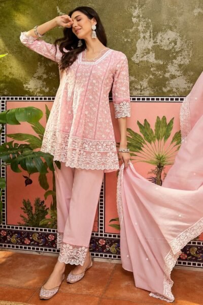 Mul Chanderi Chikankari Kurta Pant Dupatta Set – Style 2