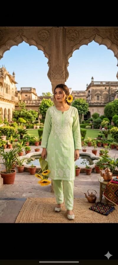 SCF0207-01 Lucknowi Chikankari Kurti Pant Set