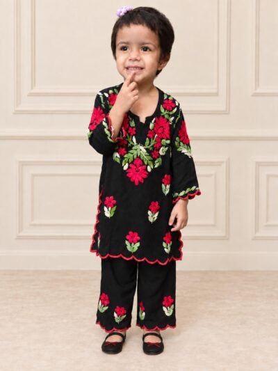 SCF0216-01 Kids Black Rayon Lucknowi Chikankari Palazzo Set