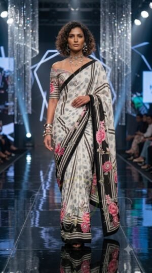 SCF0222-01 Polka Dot Floral Crepe Silk Saree