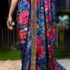 Multicoloured Floral Chinon Saree with Pearl Handwork