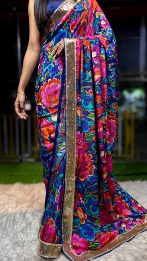 SCF0223-01-1.jpg Multicoloured Floral Chinon Saree with Pearl Handwork