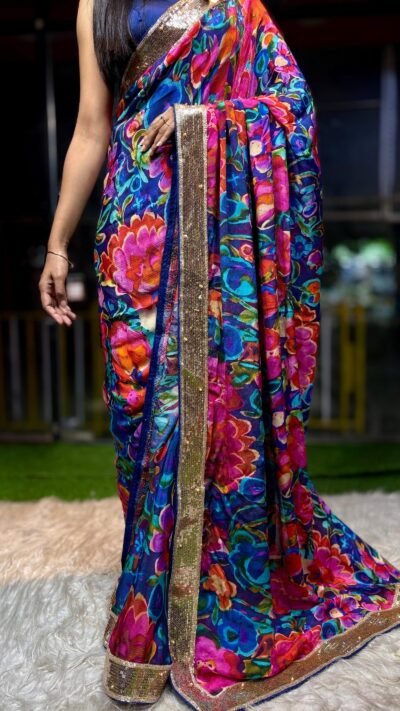 Multicoloured Floral Chinon Saree with Pearl Handwork
