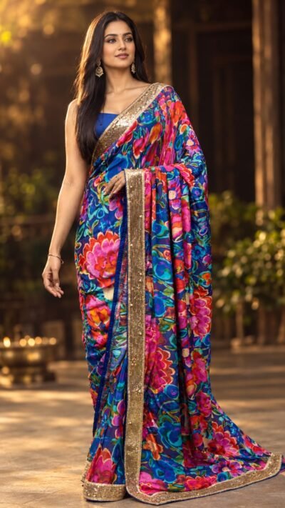 Multicoloured Floral Chinon Saree with Pearl Handwork