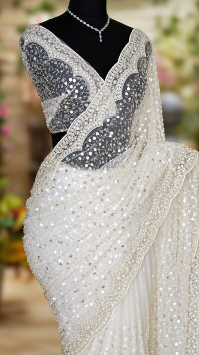 Pure Designer Fish-Scale Sequin Net Saree