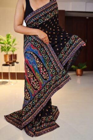 SCF0225-03 Ajrakh Pallu Georgette Silk Saree with Pita Handwork