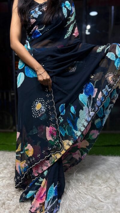 Digital Print Georgette Saree with Scalloped Handwork Border