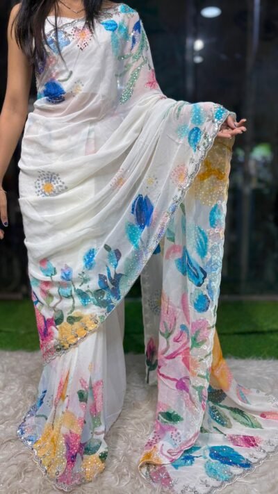 Digital Print Georgette Saree with Scalloped Handwork Border