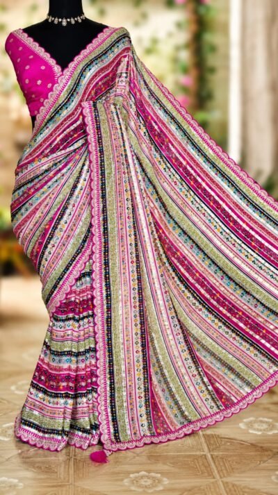 SCF0229-02 Printed Georgette Saree with Woven Zari Stripes