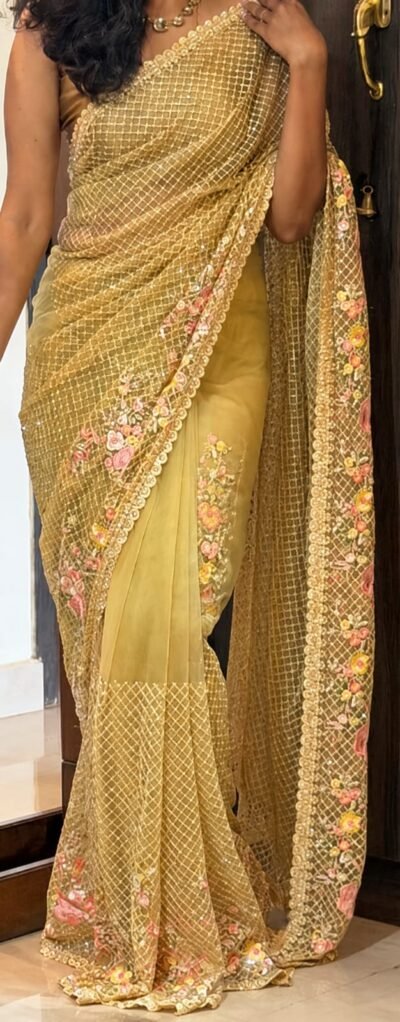 SCF0230-01 Parsi Work Net Saree with Stone Embellishments
