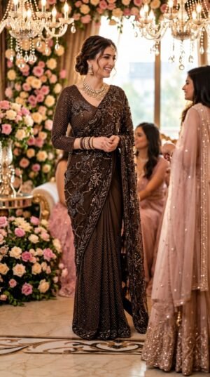 SCF0231-01 Brown Floral Hand-Embroidered Net Saree