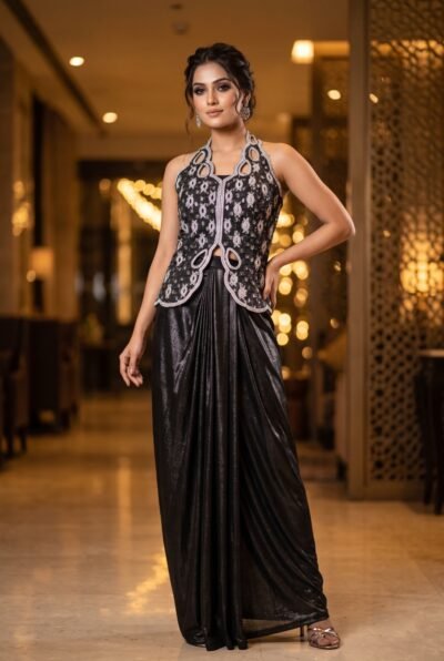 Sequin Cutwork Denim Top & Shimmer Skirt Set