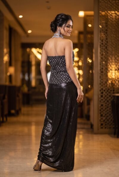 Sequin Cutwork Denim Top & Shimmer Skirt Set