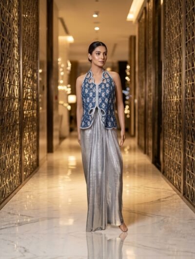 Sequin Cutwork Denim Top & Shimmer Skirt Set