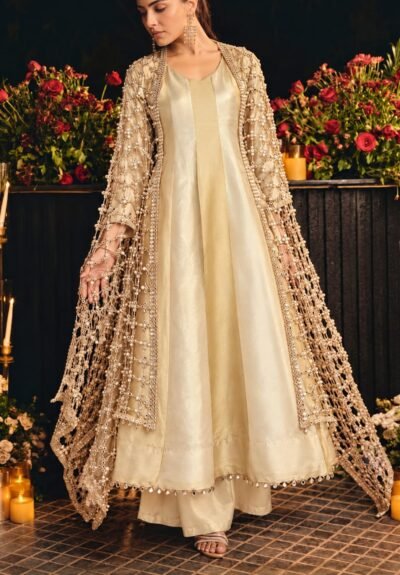 Beige Jacquard Lacework Anarkali Set