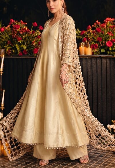 Beige Jacquard Lacework Anarkali Set
