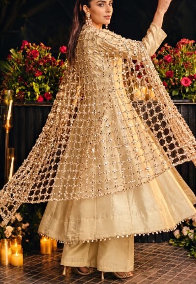 Beige Jacquard Lacework Anarkali Set