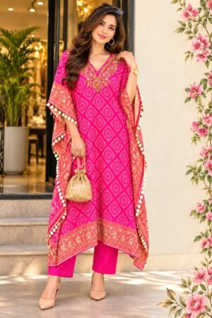 SCF0241-01 Bandhani Print Crepe Kaftan & Cotton Silk Pants