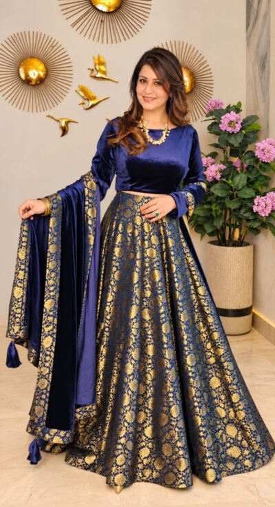 SCF0242-01 Velvet Blouse & Brocade Skirt Set with Stole