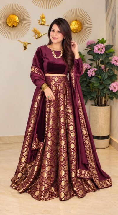 SCF0242-02 Velvet Blouse & Brocade Skirt Set with Stole