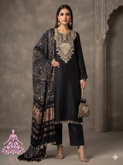 Embroidered Silk Suit with Bandhani Dupatta & Potli