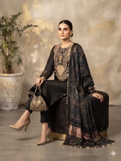 Embroidered Silk Suit with Bandhani Dupatta & Potli