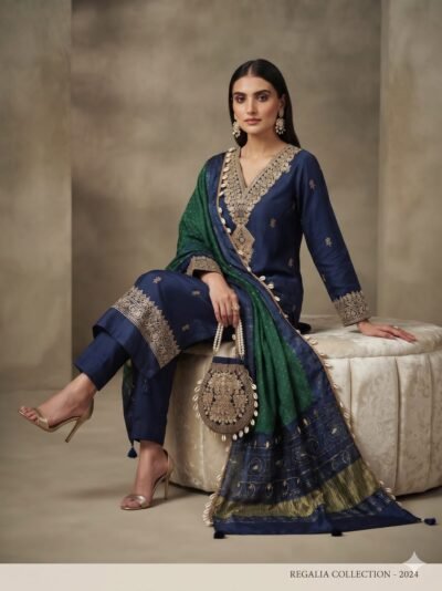 Embroidered Silk Suit with Bandhani Dupatta & Potli