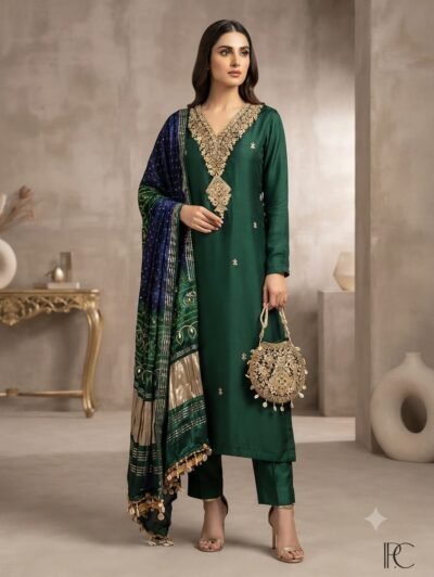 Embroidered Silk Suit with Bandhani Dupatta & Potli