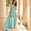 SCF0249-01 Aqua Blue Mirror Work Simar Silk Palazzo Suit
