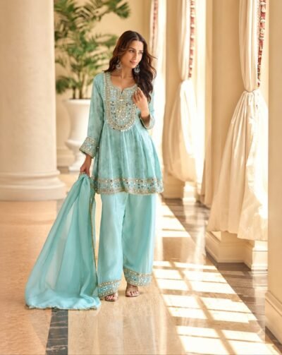 SCF0249-01 Aqua Blue Mirror Work Simar Silk Palazzo Suit