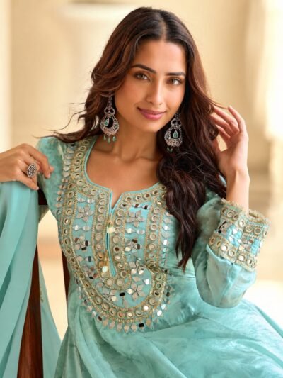 SCF0249-02 Aqua Blue Mirror Work Simar Silk Palazzo Suit