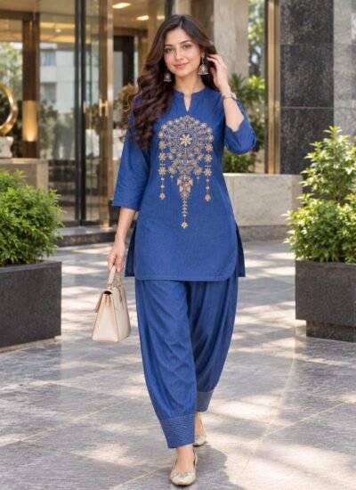 SCF0254-01 Thread-Embroidered Denim Set