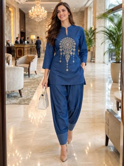 SCF0254-02 Thread-Embroidered Denim Set