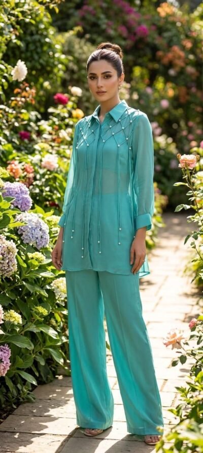 SCF0264-05 Bead Detail Viscose Organza Three-Piece Set