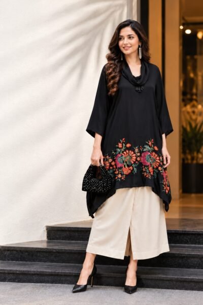 SCF0265-01 Applique Cowl Neck Crepe Kaftan & Palazzo Set