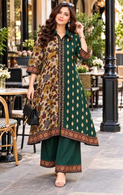 SCF0270-02 Printed Natural Crepe Lacework Co-ord Set