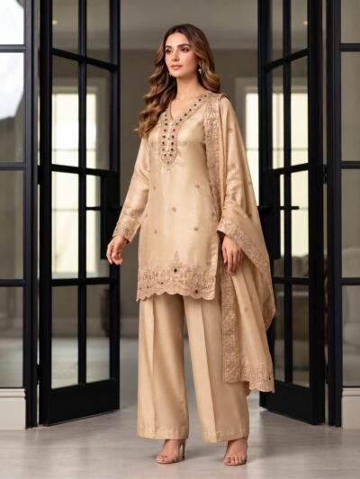 Zardozi Tissue Silk Suit with Embroidered Dupatta