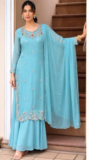SCF0276-01 Blue Organza Kurta & Chinon Palazzo Set