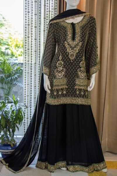 Black Chinon Embellished Sharara Set
