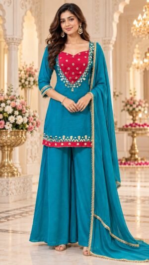 SCF0286-01 Real Mirror & Threadwork Georgette Sharara Set