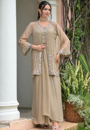 SCF0292-01 Taupe Tissue Jacket & Chinon Skirt Set
