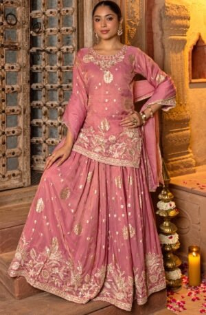 SCF0294-01 Pink Embroidered Tissue Kurta & Skirt Set