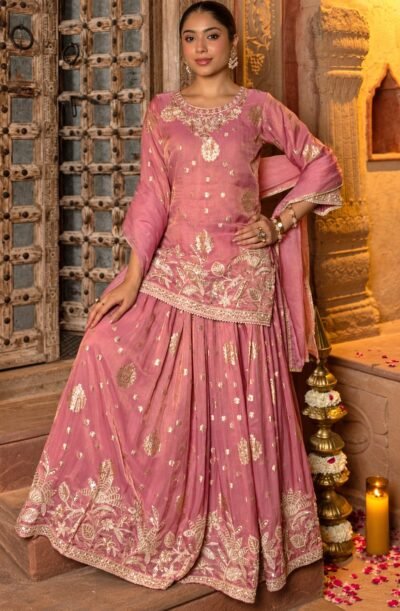 Pink Embroidered Tissue Kurta & Skirt Set