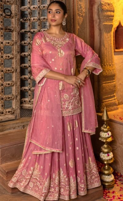 Pink Embroidered Tissue Kurta & Skirt Set