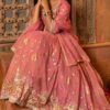 Pink Embroidered Tissue Kurta & Skirt Set