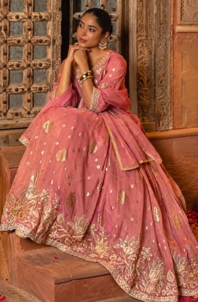 Pink Embroidered Tissue Kurta & Skirt Set