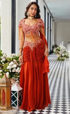 SCF0295-01 Embellished Tissue Blouse & Draped Crepe Skirt Set