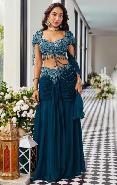 SCF0295-03 Embellished Tissue Blouse & Draped Crepe Skirt Set